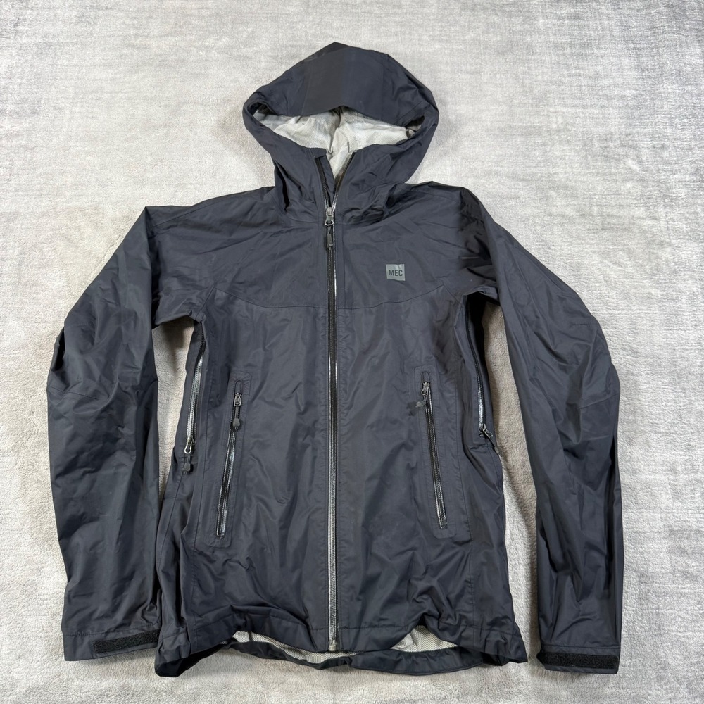 MEC Jacket Women XXS Black Pertex Shield Waterproof Hooded Shell Pit Zips